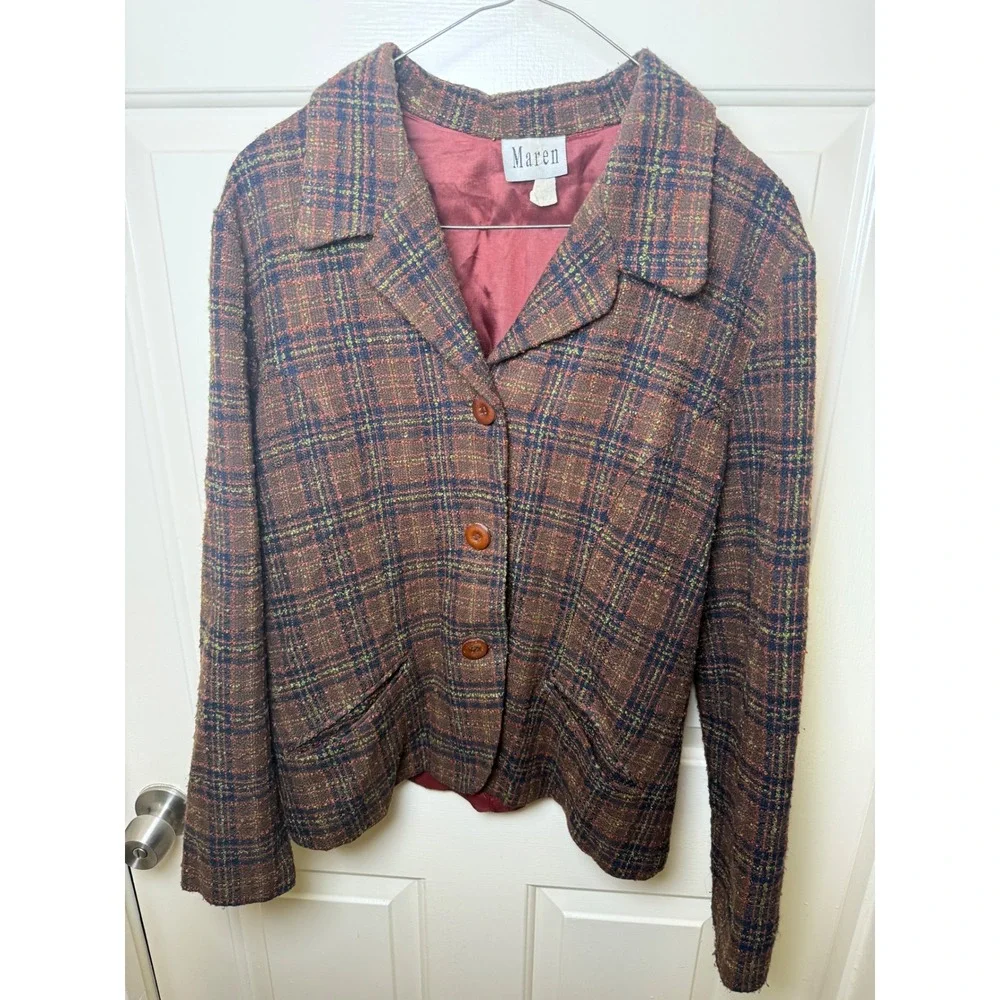 Maren Vintage Brown Multi Color Plaid Button Front Lined Blazer Jacket Size 12
